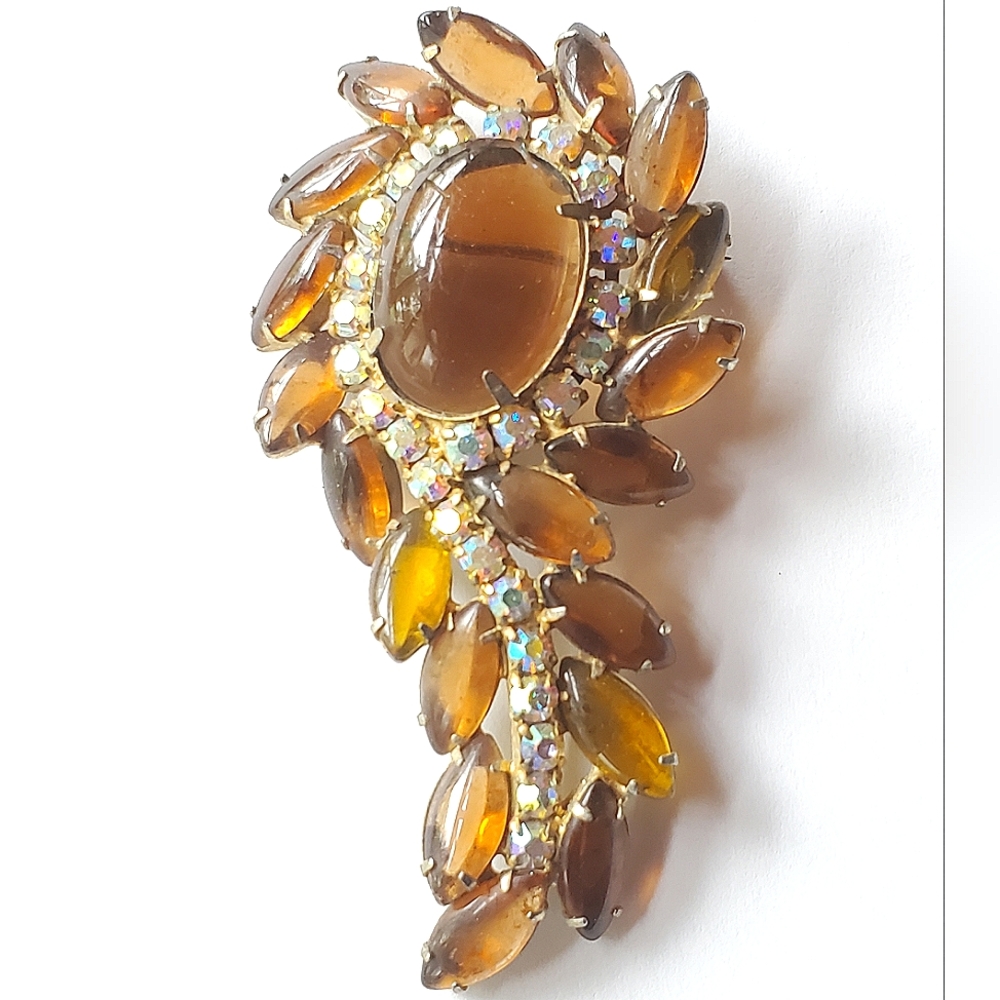 Vintage Amber Glass & AB Clear Crystal Rhinestone Brooch Unsigned